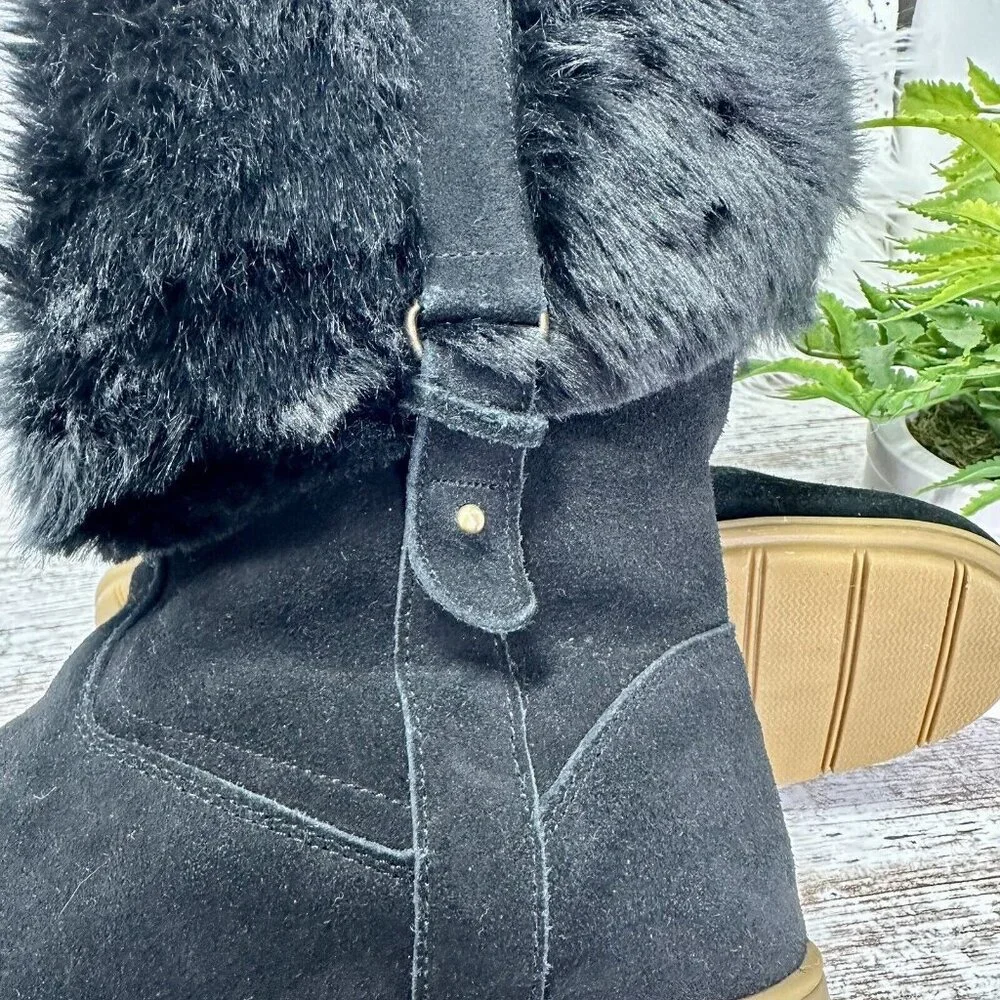LANDS' END Mendota Snow Boot Women's Size 7.5 Black Suede Faux Fur PullOn 420483
